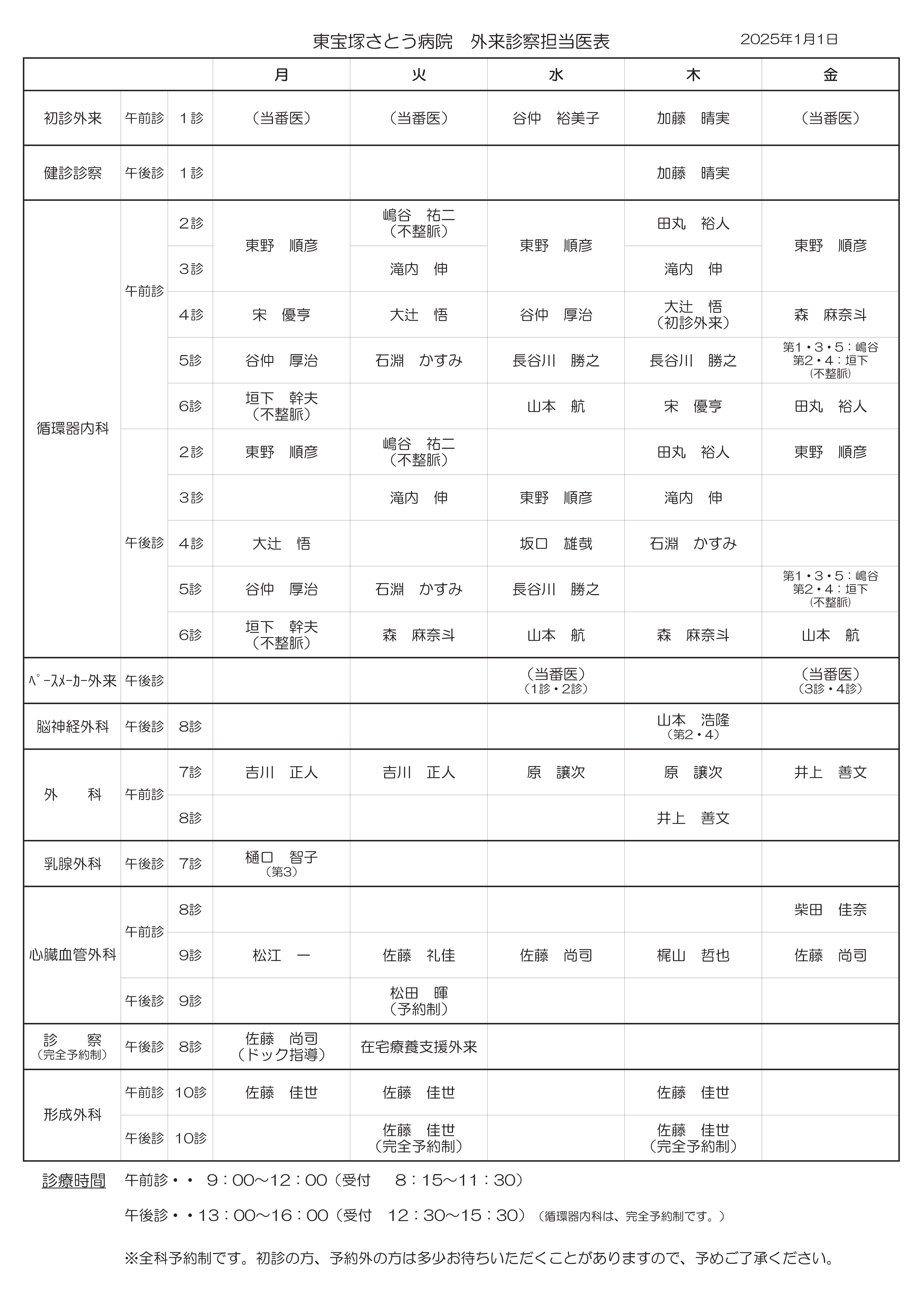 外来診察担当医表（更新：2025年1月1日）